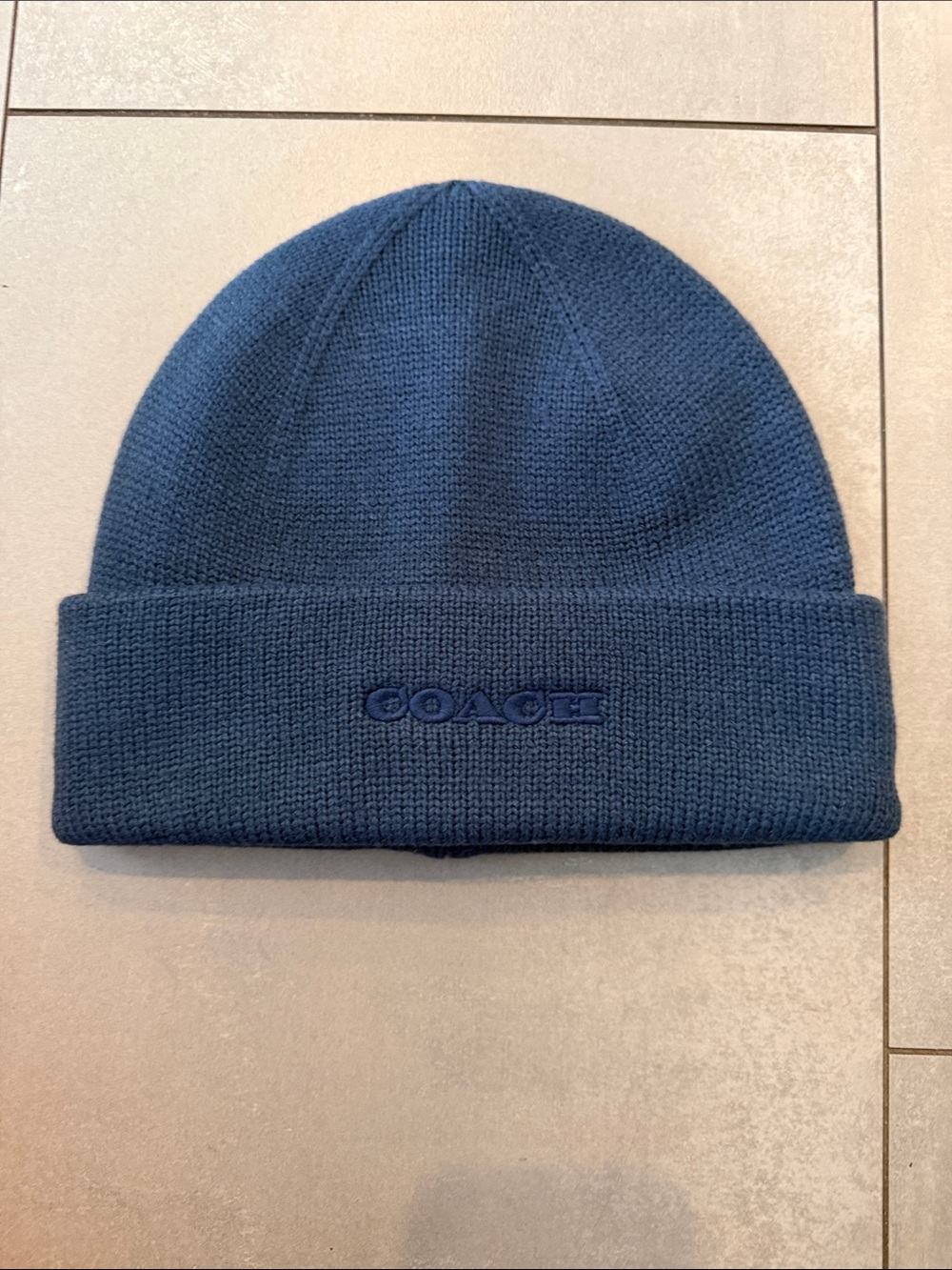 NWOT - COACH Navy Wool Knit Cuffed Beanie Winter Hat